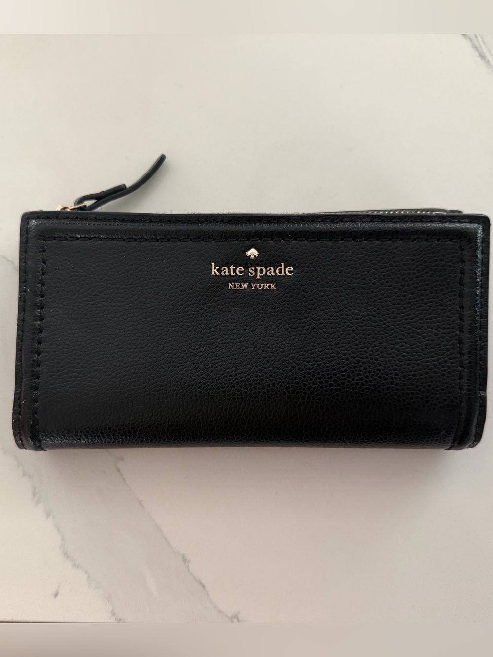 kate spade Black Leather Zip-Around Wallet with Gold Logo